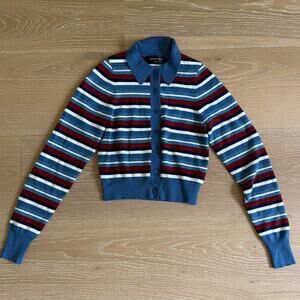 White Fox Knit Cardigan Stripes Inner Smile Size XS Blue Burgundy Ivory